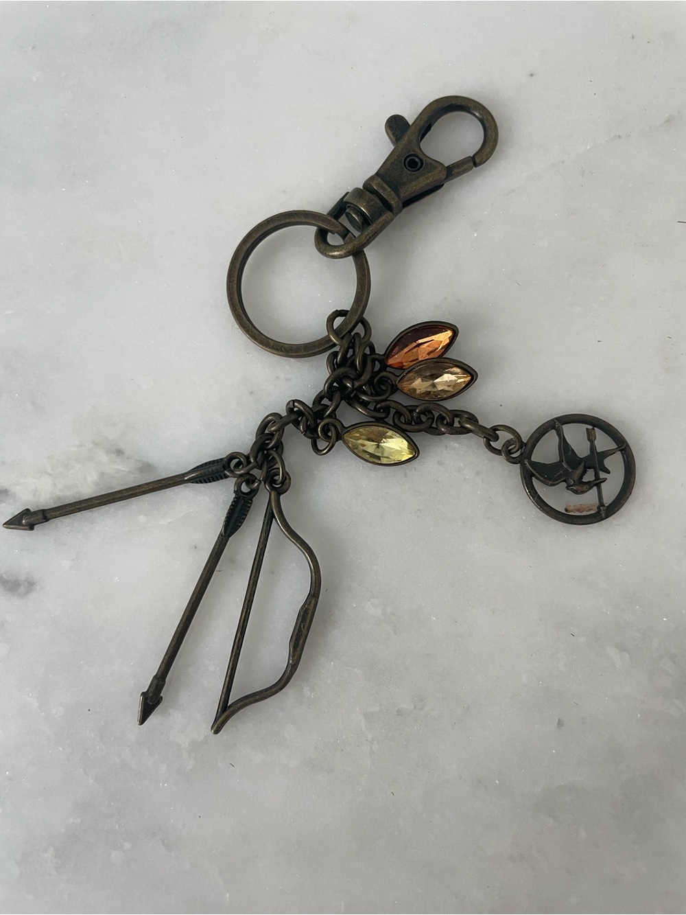 Hunger Games Bronze Arrow & Bird Charm Keychain with Amber Crystal Accents